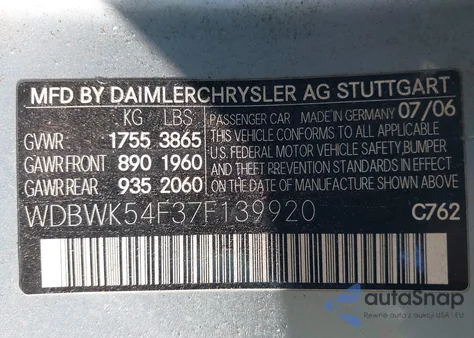 2007 Mercedes-Benz Slk 280 z USA, uszkodzony, nr VIN WDBWK54F37F139920